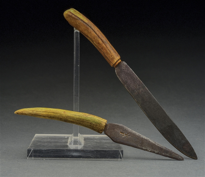 LOT OF 2: ANTLER HANDLED KNIVES WITH TRADE COMPANY MARKINGS.
