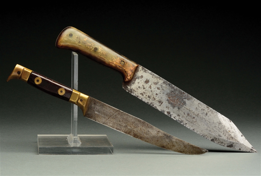 LOT OF 2: EARLY HORN HANDLED BOWIE KNIFE WITH SHEATH & SMALL BRASS MOUNTED ROSEWOOD HANDLE BOWIE KNIFE WITH SHEATH.