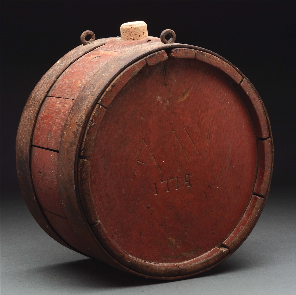 IMPORTANT AND HISTORIC DOCUMENTED REVOLUTIONARY WAR BANDED FIELD CANTEEN, DATED 1774 CARRIED AT BATTLE OF BENNINGTON.