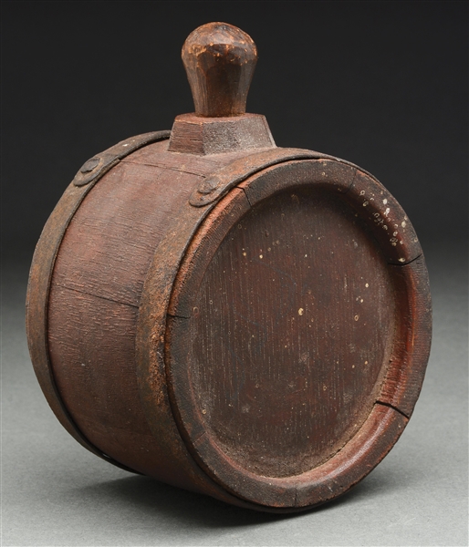 EARLY, AS FOUND, PAINTED RUM BANDED WOODEN FLASK