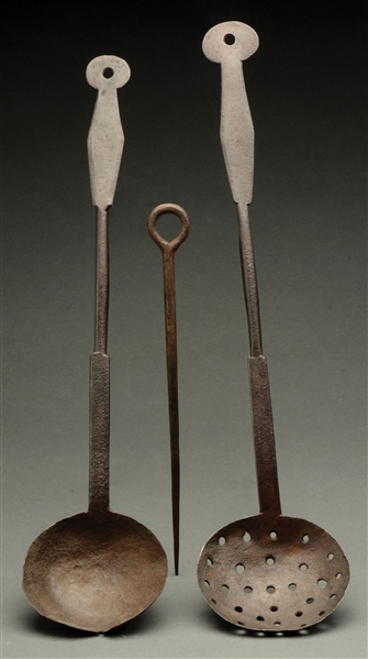LOT OF 3: TWO EARLY HANDFORGED IRON LADLES FOUND IN SOUTHWESTERN VIRGINIA AND EARLY IRON TENT STAKE.