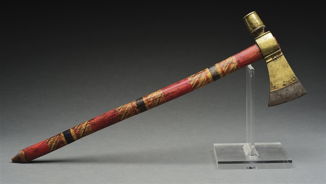 BRASS TOMAHAWK WITH PAINT-DECORATED HANDLE.