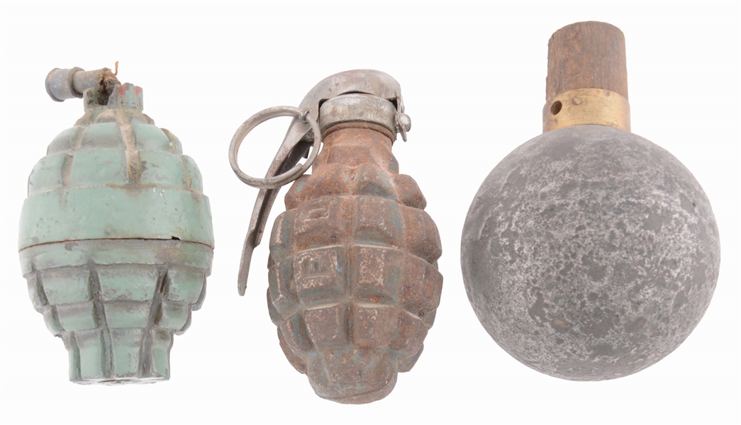 LOT OF 3: VERY RARE FRENCH HAND GRENADES.