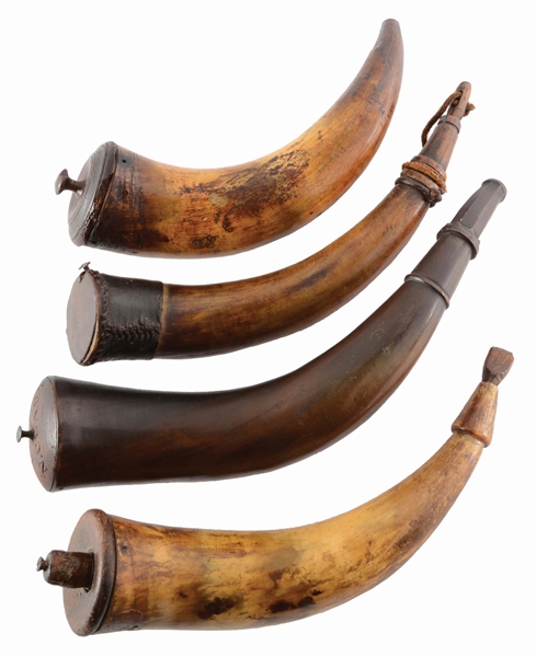 LOT OF 4: 18TH AND EARLY 19TH CENTURY POWDER HORNS.