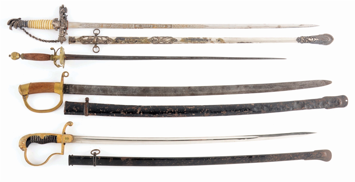 LOT OF 4: A COLLECTORS LOT OF FOUR SWORDS INCLUDING A PERSIAN CAVALRY SWORD, A GERMAN WORLD WAR I LION HEAD OFFICERS SWORD, A FRATERNAL SWORD, AND AN 18TH CENTURY CONTINENTAL SMALL SWORD.