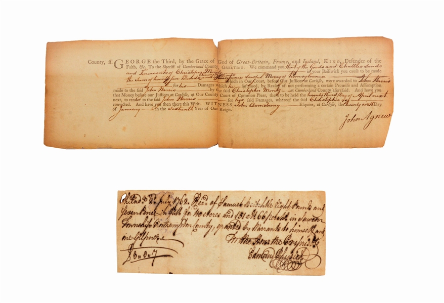 LOT OF 2: TWO 18TH CENTURY DOCUMENTS, ONE SIGNED BY JAMES WILSON, AND THE OTHER A DEED OF SALE.
