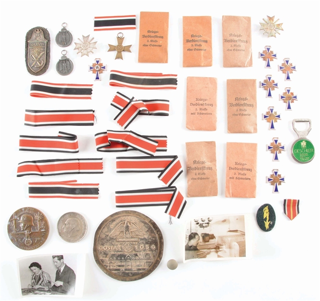 LOT OF 44: MISCELLANEOUS GERMAN THIRD REICH MEDALS, RIBBONS, PHOTOS, AND OTHER ACCOUTREMENTS.