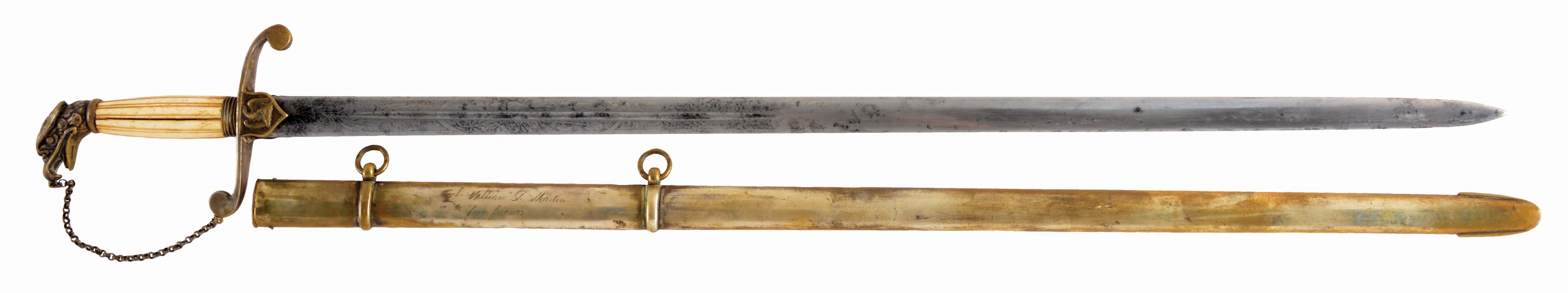AN EAGLE HEAD OFFICERS SWORD WITH REEDED BONE GRIP AND SILVER PLATED SCABBARD WITH PRESENTATION TO COLONEL WILLIAM T. MARTIN FROM FRIENDS, CIRCA 1830.