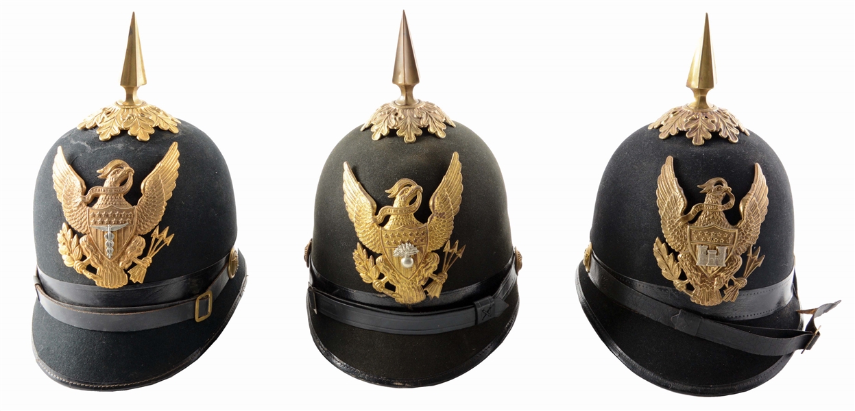 LOT OF 3: US ARMY ENGINEERS, ORDNANCE AND HOSPITAL DEPARTMENT MODEL 1881 ENLISTED DRESS HELMETS.