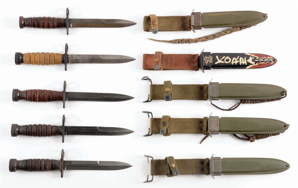 LOT OF 5: ONE M3 BAYONET AND FOUR M4 BAYONETS. 