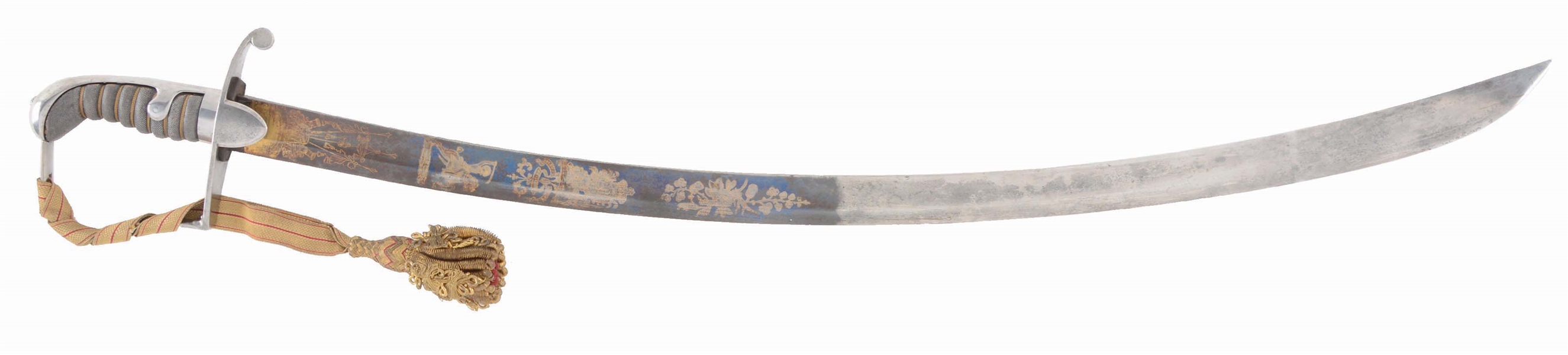 A GOOD BRITISH 1796 PATTERN LIGHT CAVALRY SABER WITH BLUE AND GILT BLADE. 