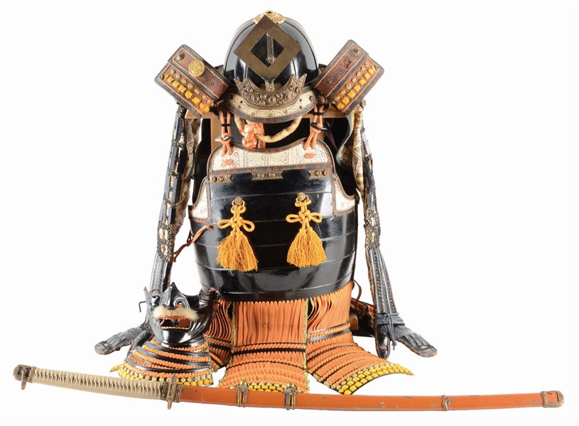 A COMPLETE 20TH CENTURY SUIT OF JAPANESE SAMURAI ARMOR IN THE EDO STYLE. TOGETHER WITH A CHINESE COPY OF A JAPANESE WORLD WAR II MILITARY SWORD.