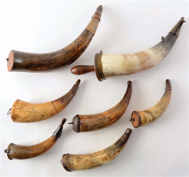 LOT OF 7: POWDER HORNS.