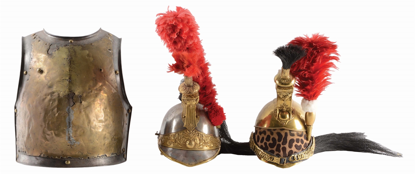 LOT OF 3: A LOT OF FRENCH ARMOR CONSISTING OF TWO HELMETS AND A BREASTPLATE.