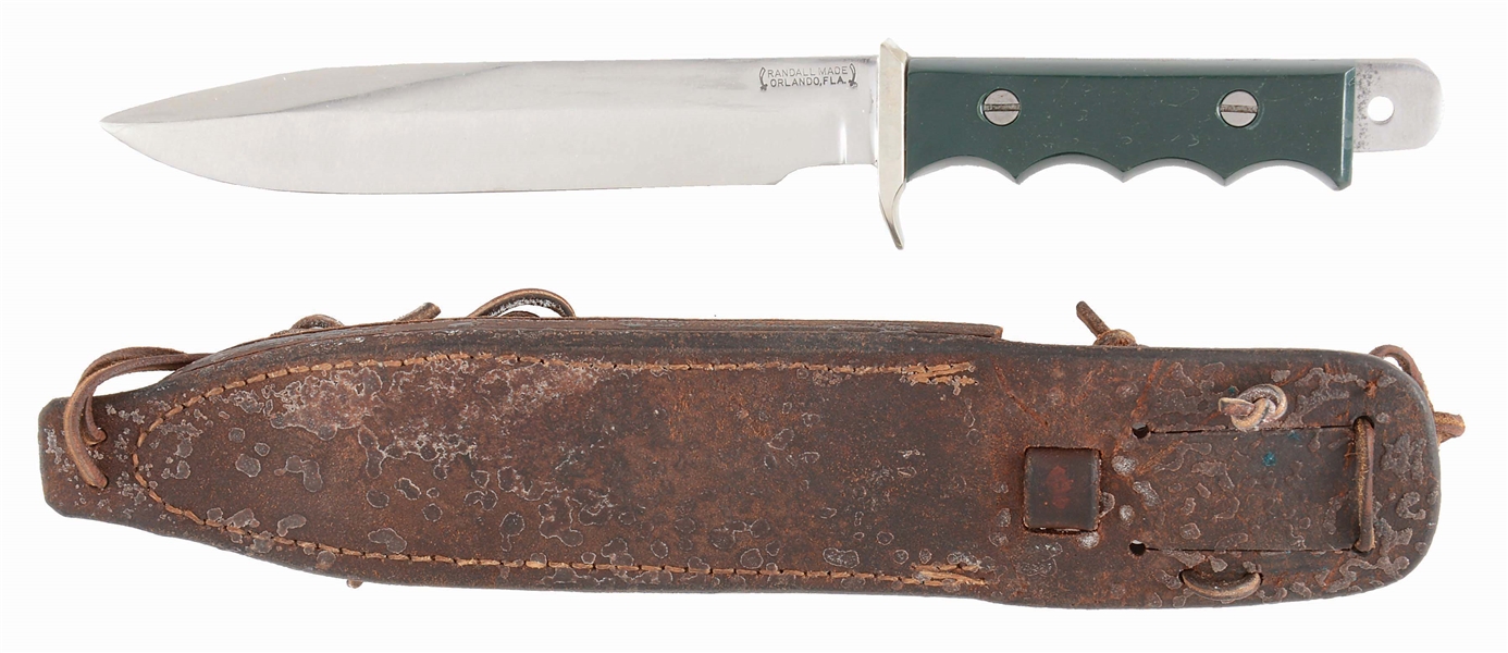 EXCEPTIONALLY RARE AND DESIRABLE RANDALL MODEL 16 DIVERS KNIFE WITH GREEN TENITE HANDLE.