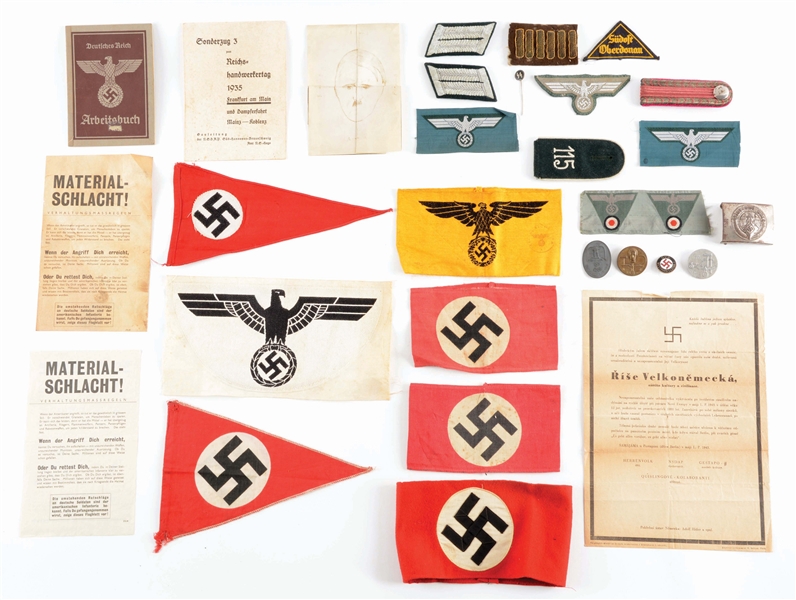 LOT OF 30: THIRD REICH ARMBANDS, INSIGNIA, BADGES, AND DOCUMENTS. 
