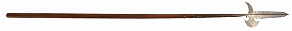 AN EARLY 18TH CENTURY HALBERD WITH PARTISAN STYLE BLADE STAMPED ON BLADE "B EON" WITH AN ARMORERS MARK.