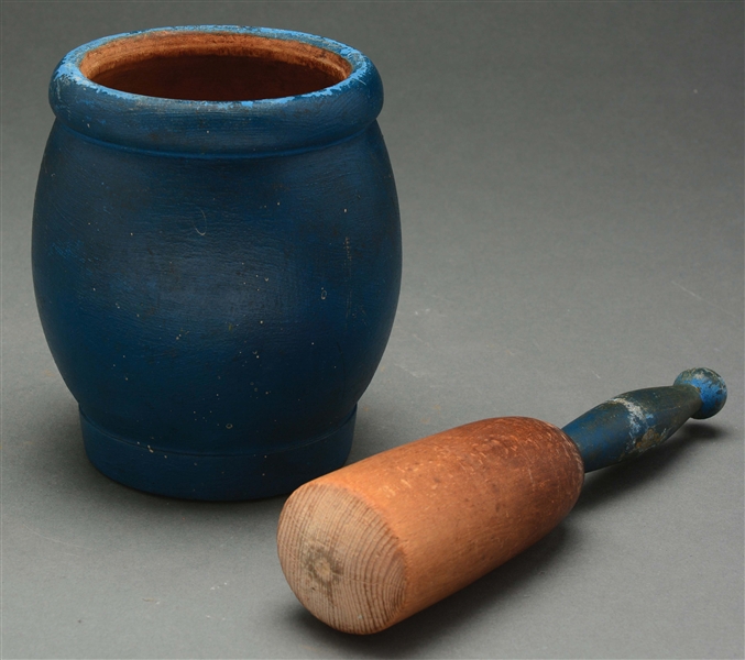 VERY FINE MORTAR & PESTLE IN VIBRANT BLUE PAINT.