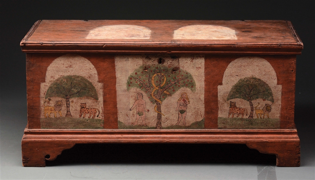 FINE PA ADAM & EVE DECORATED DOWER CHEST MID 18TH C. 