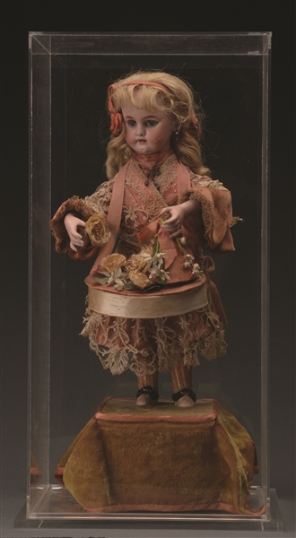 FRENCH MUSICAL AUTOMATON DOLL IN DISPLAY CASE.