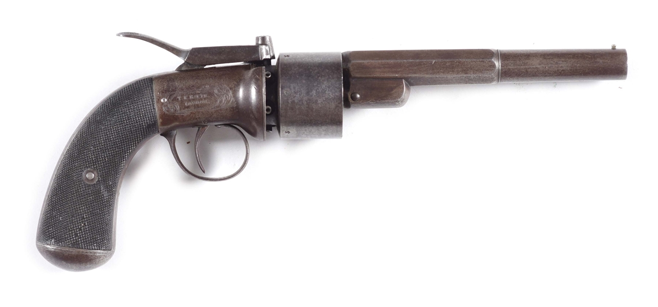 (A) SCARCE BAKERS PATENT ENGLISH PERCUSSION TRANSITIONAL REVOLVER BY T. K. BAKER, LONDON.
