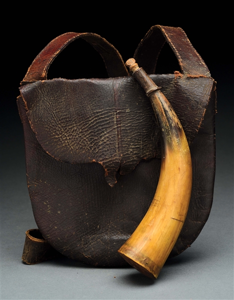 PHILADELPHIA FOUND LEATHER HUNTING POUCH WITH POWDER HORN.