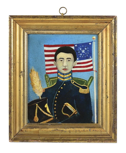 FEDERAL PAINTING ON BOARD OF AMERICAN OFFICER WITH EAGLE POMMEL SWORD.