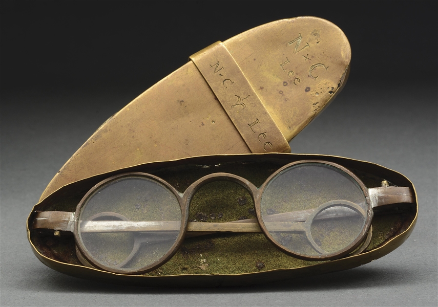 MID-18TH CENTURY BRASS SPECTACLES WITH BRASS CASE, INSCRIBED N.C. LEE