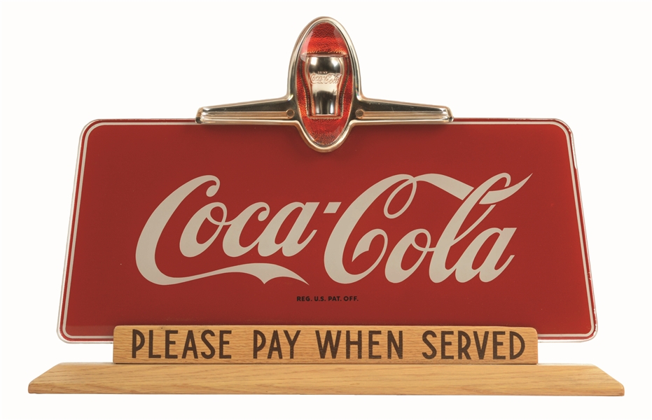 1948 COCA-COLA GLASS AND WOODEN COUNTER SIGN.