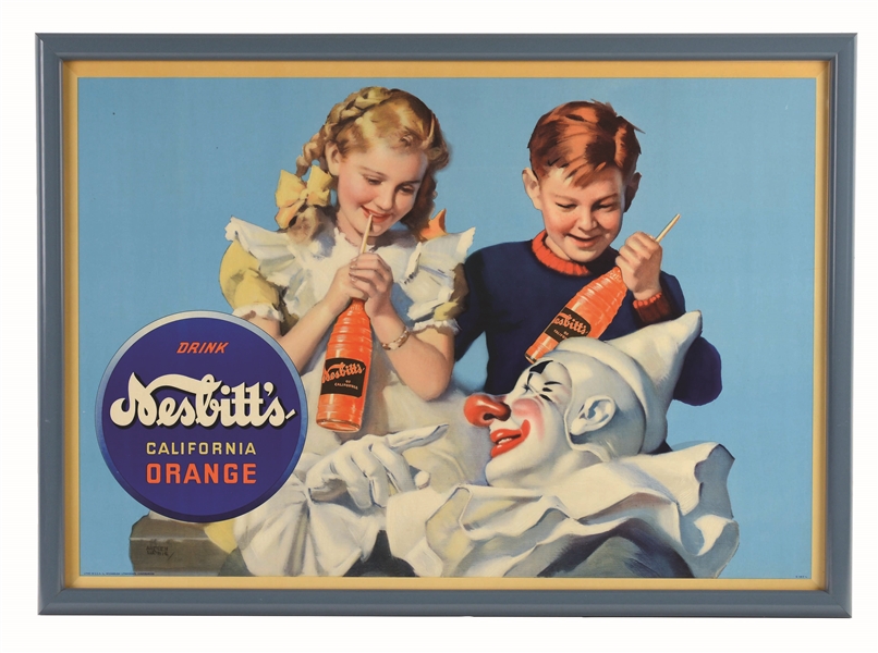 LARGE AND IMPRESSIVE NESBITTS ORANGE CARDBOARD POSTER WITH KIDS AND CLOWN.