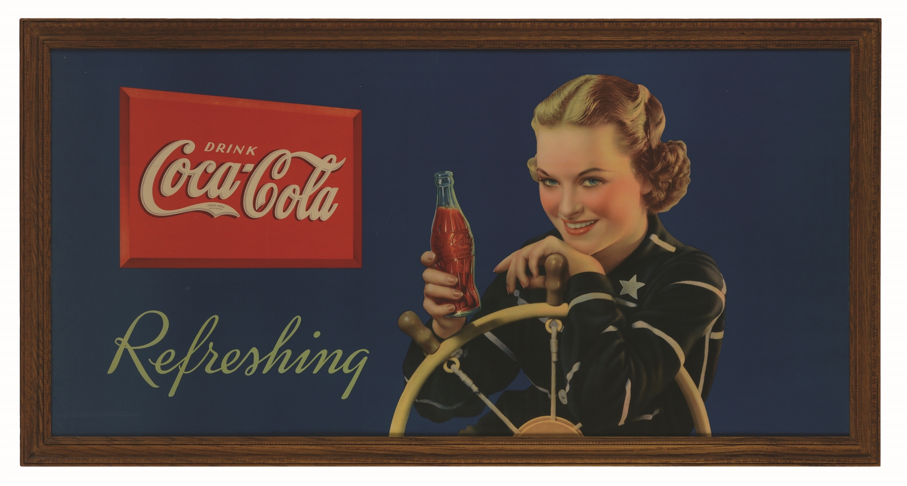 1936 RARE LARGE CARDBOARD COKE POSTER WITH GIRL AT SHIPS WHEEL.