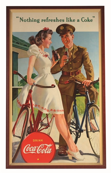 1943 LARGE VERTICAL COKE POSTER WITH GIRL AND SERVICEMAN. 
