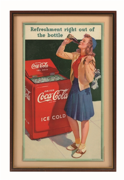 1941 SMALL VERTICAL COKE POSTER WITH GIRL IN SKATES. 