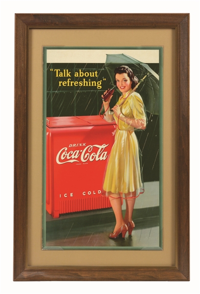 1942 SMALL VERTICAL COKE POSTER WITH GIRL BY COOLER.