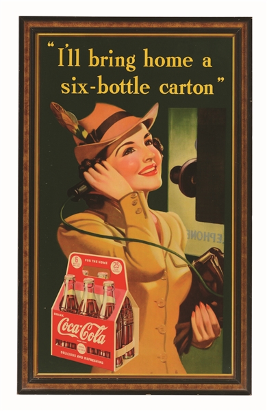 1940S COCA-COLA SMALL VERTICAL POSTER WITH GIRL ON PHONE.