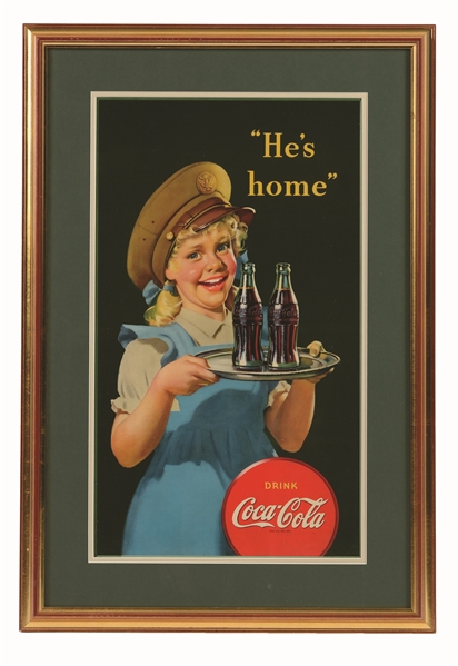 1944 SMALL VERTICAL COKE POSTER WITH GIRL AND BOTTLES. 