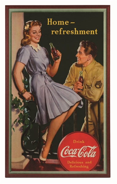 1944 LARGE VERTICAL COKE POSTER WITH SERVICEMAN AND GIRL.