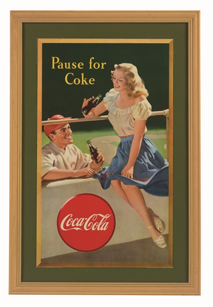 1948 SMALL VERTICAL COKE POSTER WITH BASEBALL PLAYER AND GIRL.