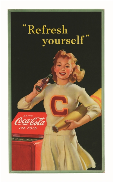 1944 COCA-COLA CARDBOARD POSTER WITH CHEERLEADER.