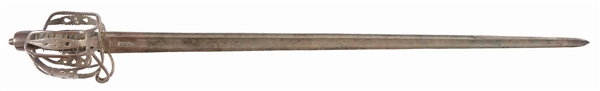 A BRITISH 18TH CENTURY MILITARY BACKSWORD WITH BASKET HILT OF SCOTTISH TYPE, PIERCED WITH HEARTS. 