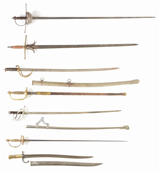LOT OF 7: CONTINENTAL, ENGLISH, AND AMERICAN SWORDS.