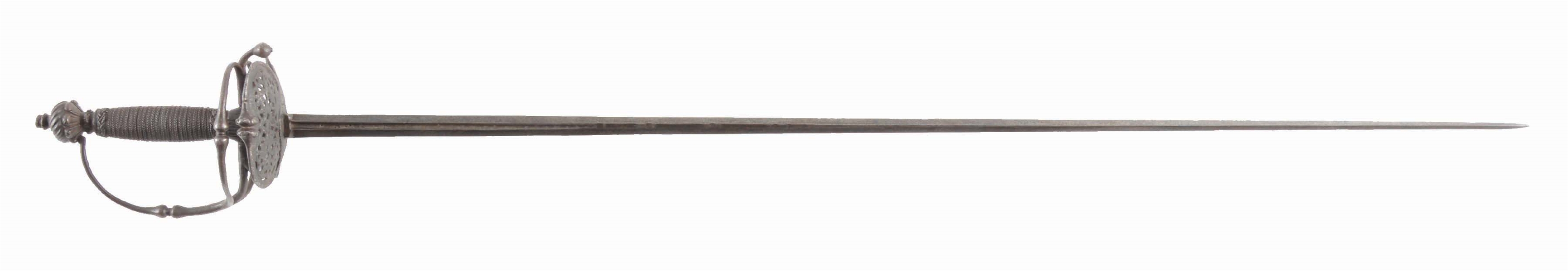 A GOOD CONTINENTAL TRANSITIONAL RAPIER, THIRD QUARTER OF THE 17TH CENTURY WITH PIERCED GUARD AND LONG 34 - 1/2" BLADE WITH ABHD STAMPED ON BOTH SIDES IN THE FULLER, FLUTED POMMEL WITH ELABORATE WIRE. 