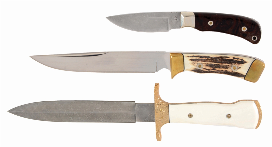 LOT OF 3: MIKE THOUROT CUSTOM FIXED BLADE KNIVES.