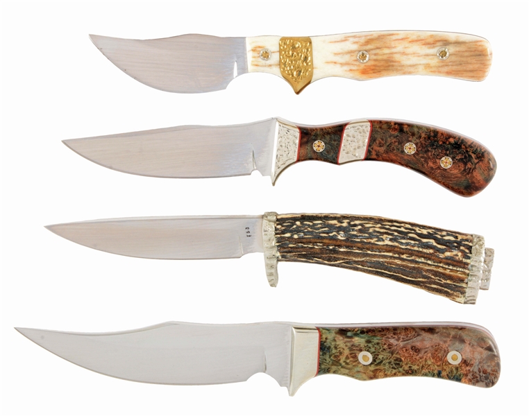 LOT OF 4: MIKE THOUROT CUSTOM HUNTING AND BOWIE KNIVES.