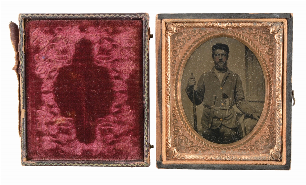 1/6 PLATE TINTYPE OF ARMED SOLDIER WITH CHEVALIER "DEATH TO TRAITORS" BOWIE.