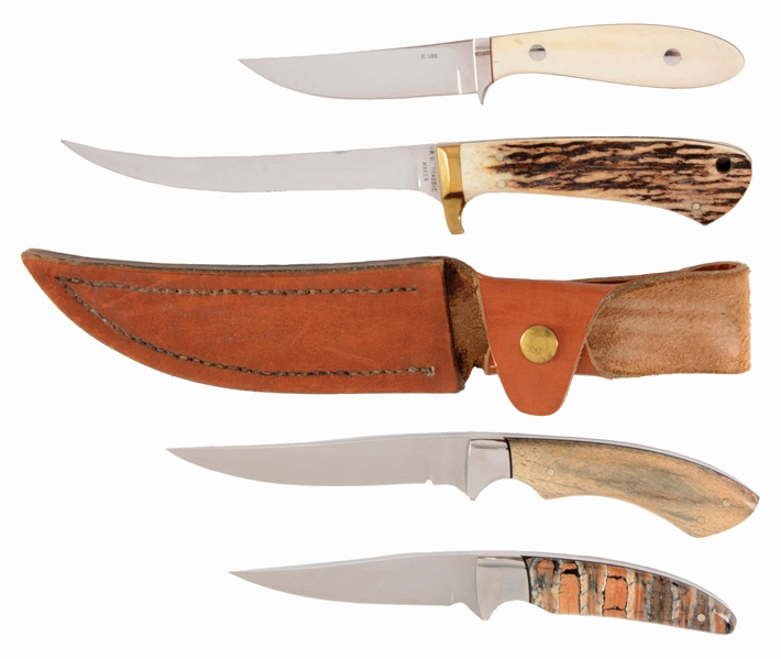 LOT OF 4: MIXED CUSTOM FIELD KNIVES BY TRABBIC AND BEAUCHAMP.