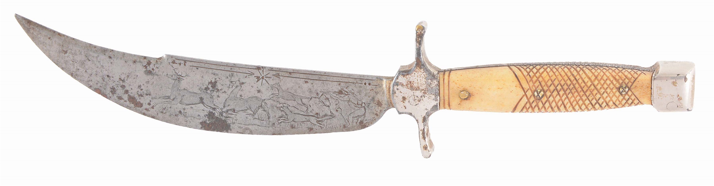 UNUSUAL BOWIE KNIFE WITH ENGRAVED HUNTING SCENE.