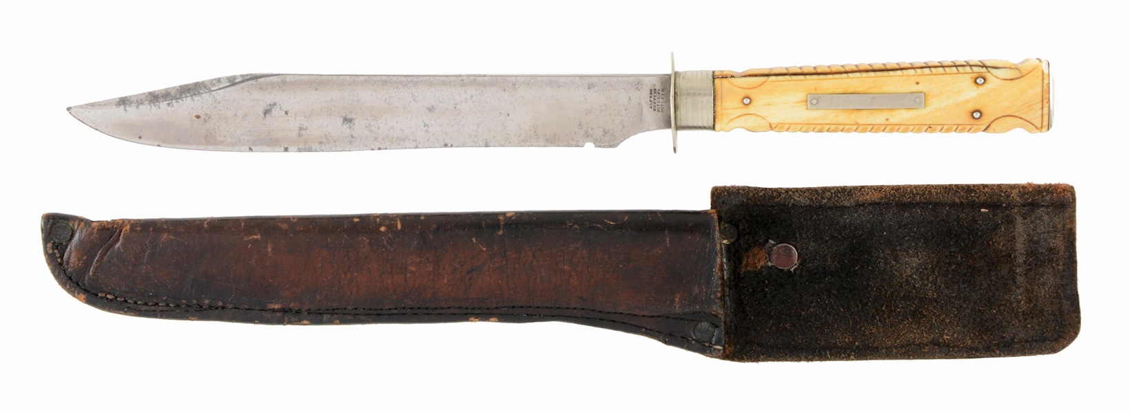 ALFRED HUNTER BOWIE KNIFE WITH CARVED IVORY HANDLE.