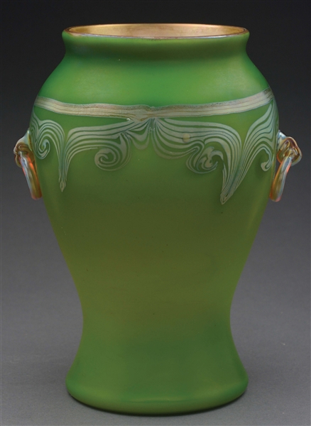 TIFFANY DECORATED VASE WITH APPLIED HANDLES.