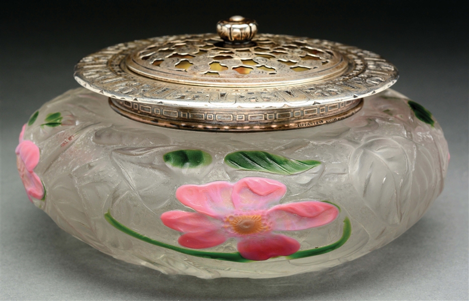 TIFFANY PADDED AND WHEEL-CARVED POPPY COVERED BOX.